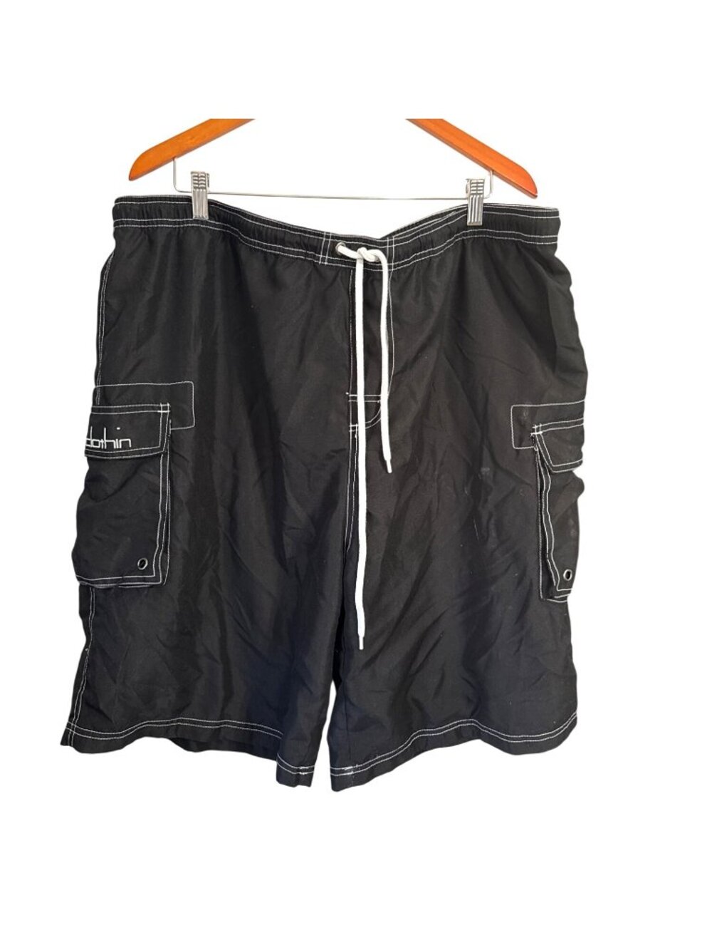 Mens Clothin Black Cargo Beach Shorts Size 40 With White Stitching & Drawstring